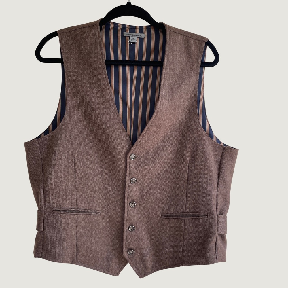 Johnston & Murphy Vest M Brown Herringbone Wool Blend Dark Academia Classic